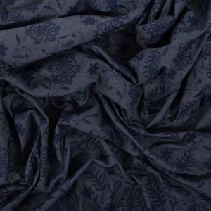 Tecido Cambraia Jeans Barrada Bordada Azul Escuro