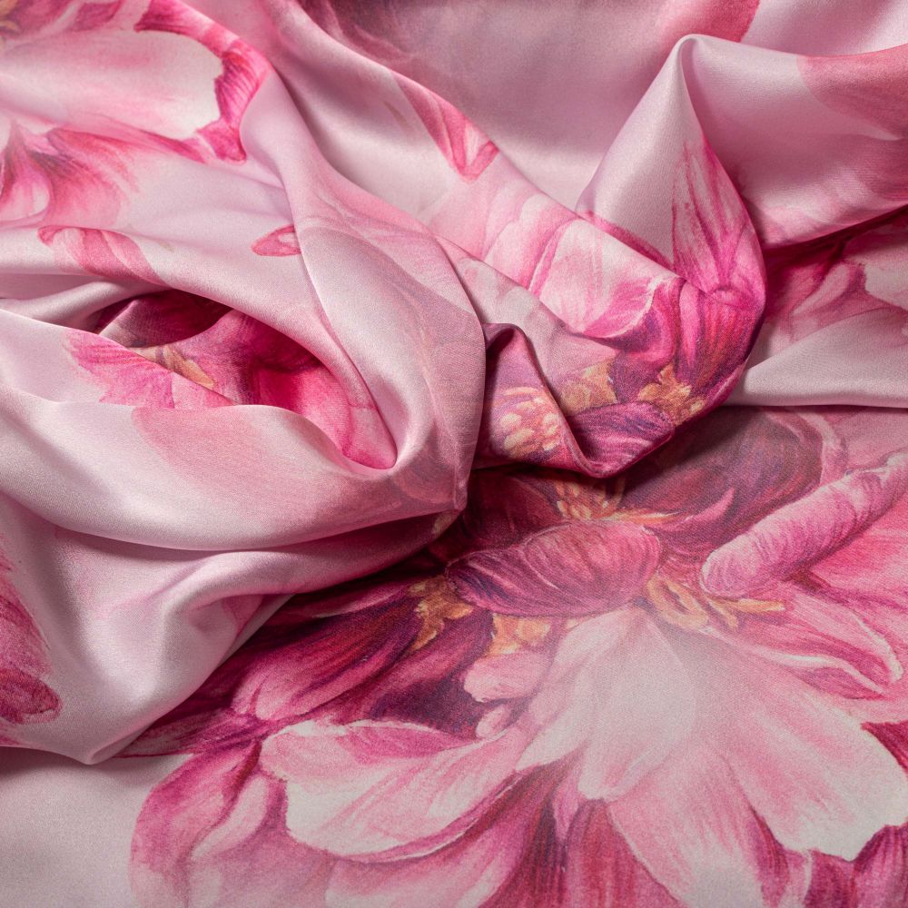 Tecido Cetim Light Gloss Floral Estampa Barrado Maxi Floral Cor De Rosa