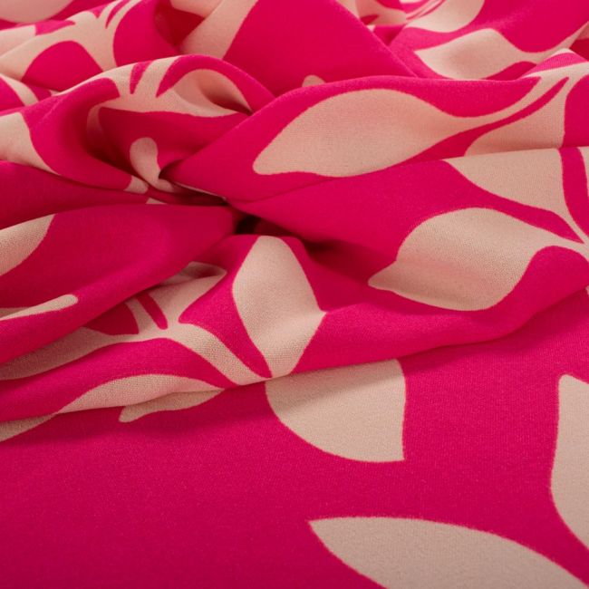 Tecido Crepe Duna Print Folhagem Rosa Choque Flúor