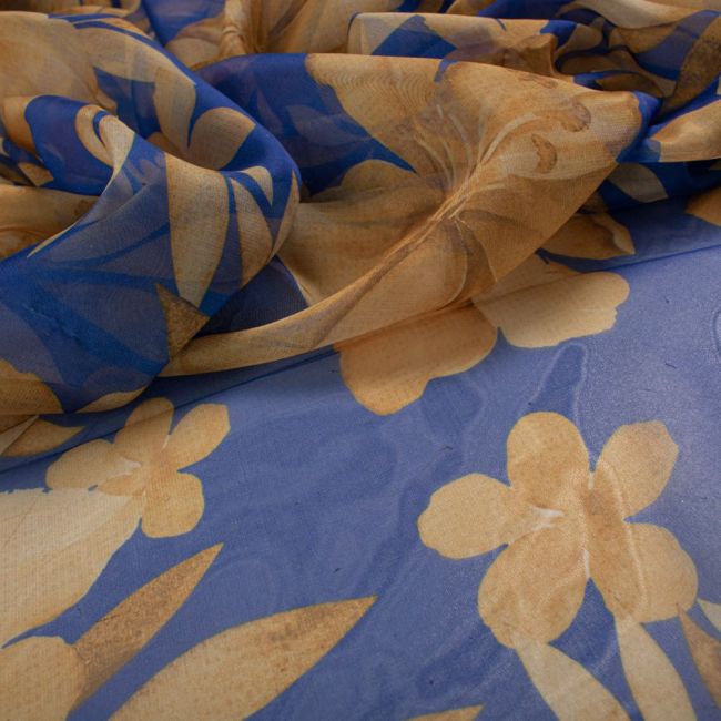 Tecido Musseline Toque de Seda Maxi Floral Azul Bic