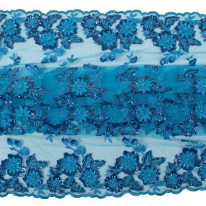 Tecido Renda Bordada com Pedrarias 3D Azul Bic Claro