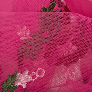 Tecido Renda Bordada Fios Acetinados Floral Colorida Rosa Choque