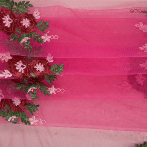 Tecido Renda Bordada Fios Acetinados Floral Colorida Rosa Choque