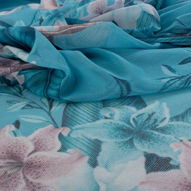 Tecido Tule de Malha Estampa Maxi Floral Azul Aquario