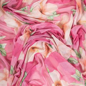 Tecido Tule de Malha Estampa Maxi Floral Rosa Carmim 