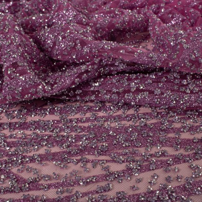 Tecido Tule Glitter Diamante Barrado Rosa Carmim